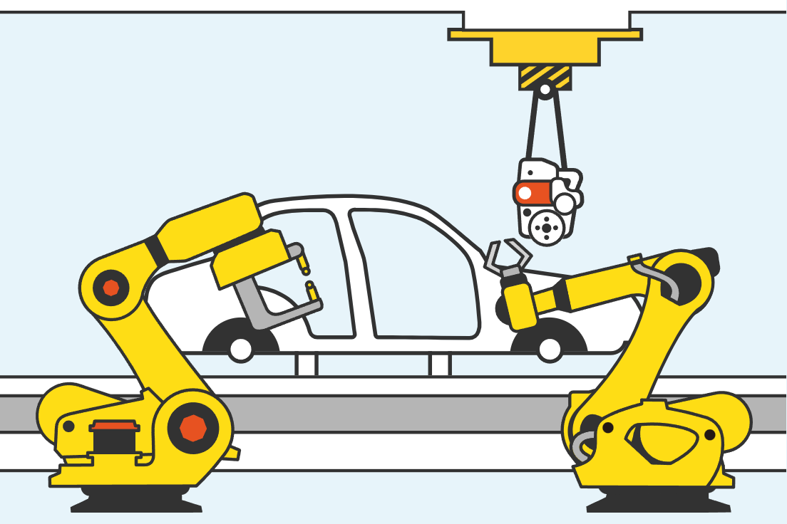 産業用ロボットが自動車のラインで働いているイラスト