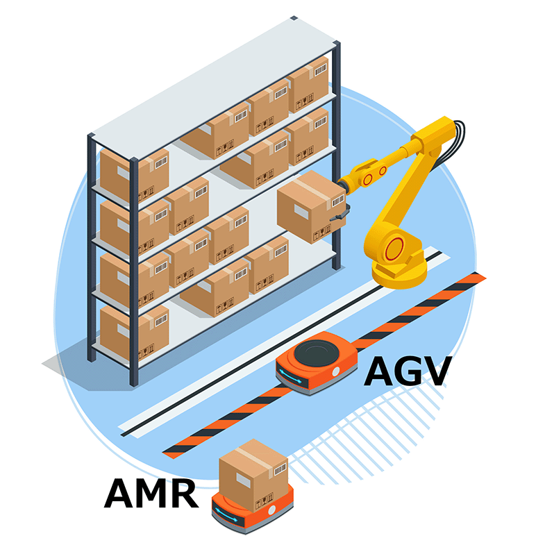 垂直多関節用ロボットとAGV・AMRが箱の取出しや搬送を行っているイラスト