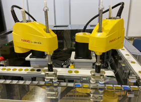 複数のスカラロボットがサーボコンベアに同期する高速ハンドリング